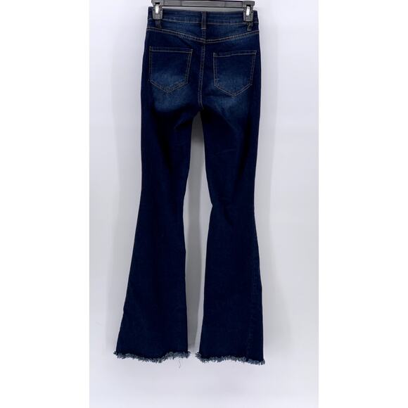 YMI Women's Dark Blue Denim Distressed Frayed Flare Y2K Jeans SZ 1/25 - Picture 2 of 13